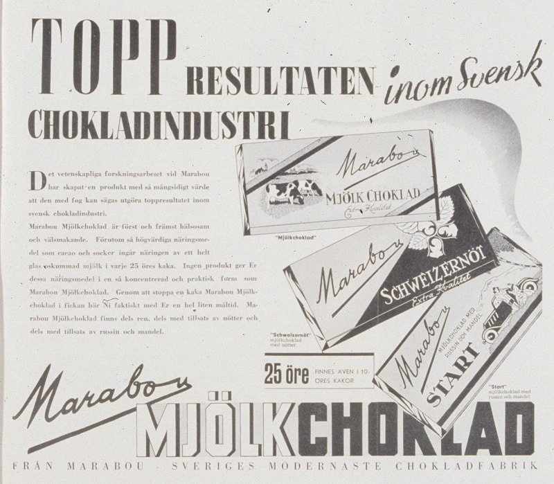 Reklamannons för Marabou mjölkchoklad från 1940.
