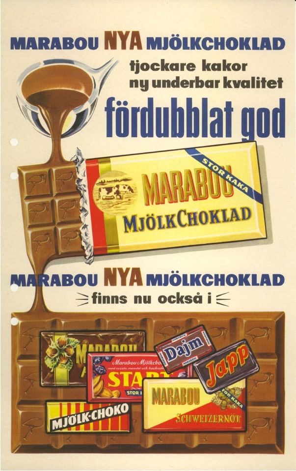 Reklambild för Marabous nya mjölkchoklad 1957.